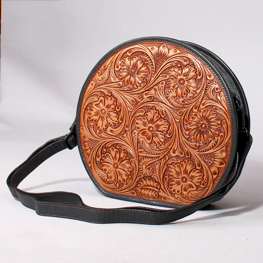 OHLAY Canteen Hand Tooled Genuine Leather Women Bag Western Handbag Purse