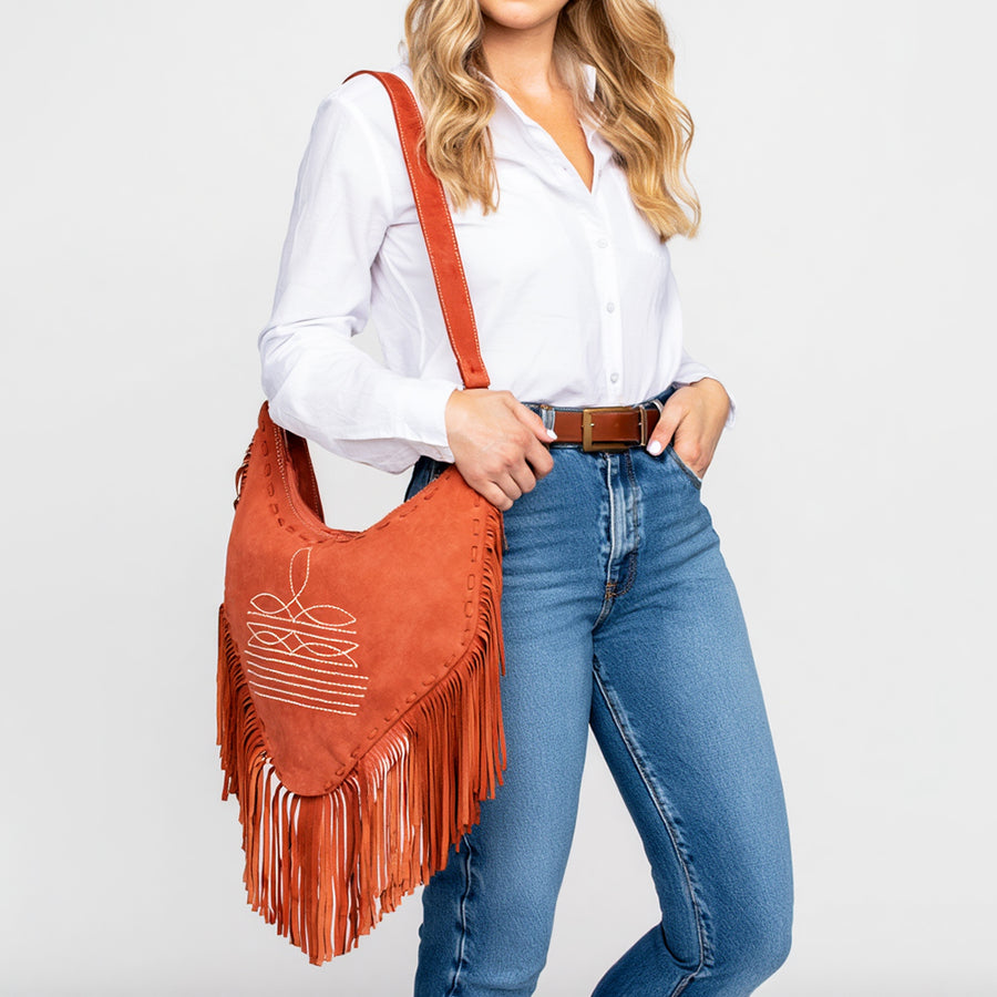 American Darling Women's Fringe Boot Stitched Genuine Leather Small Cross body Bag Eco-Friendly Full Grain Western Purse