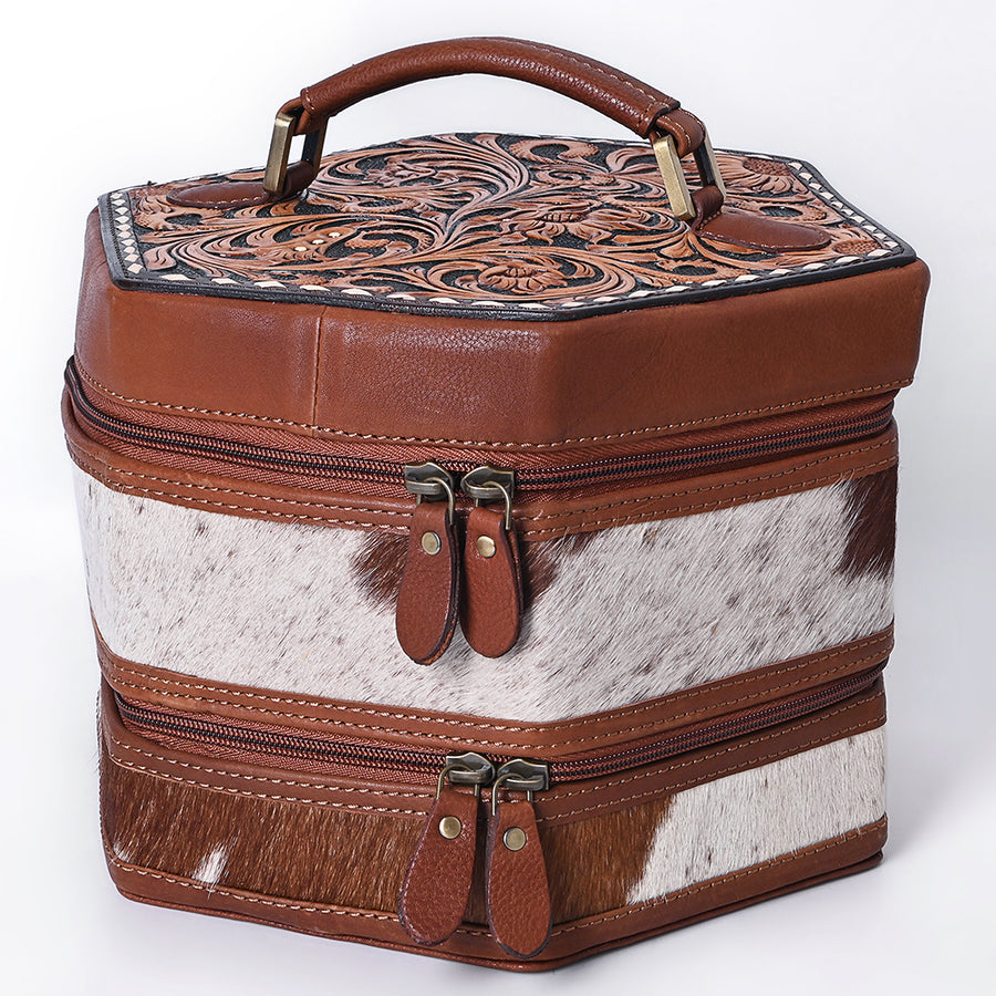 American Darling Women's Hair-On Cowhide Hand Tooled Floral Carved Genuine Leather Jewelry Case Eco-Friendly Western Box