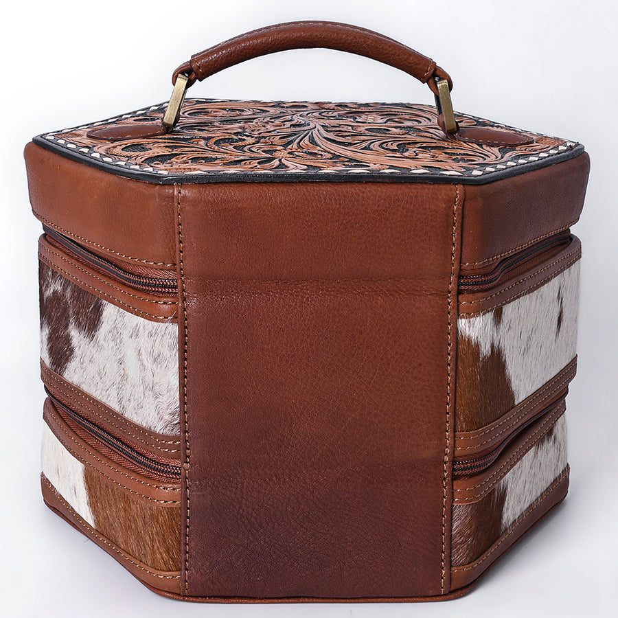American Darling Women's Hair-On Cowhide Hand Tooled Floral Carved Genuine Leather Jewelry Case Eco-Friendly Western Box