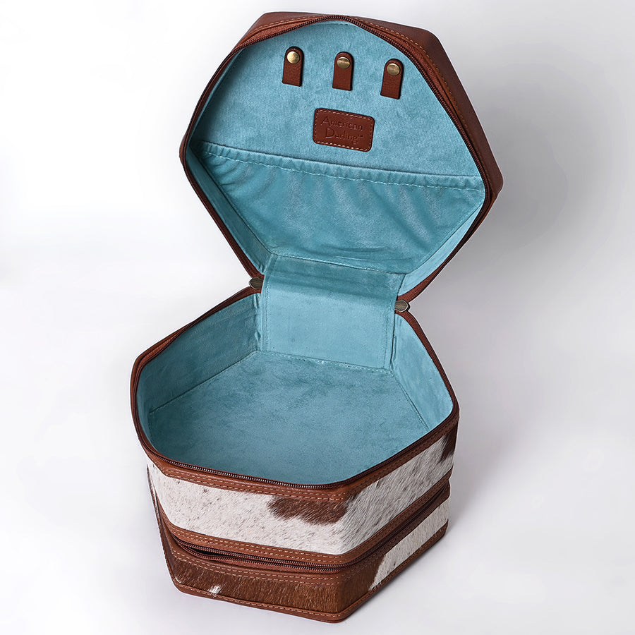American Darling Women's Hair-On Cowhide Hand Tooled Floral Carved Genuine Leather Jewelry Case Eco-Friendly Western Box