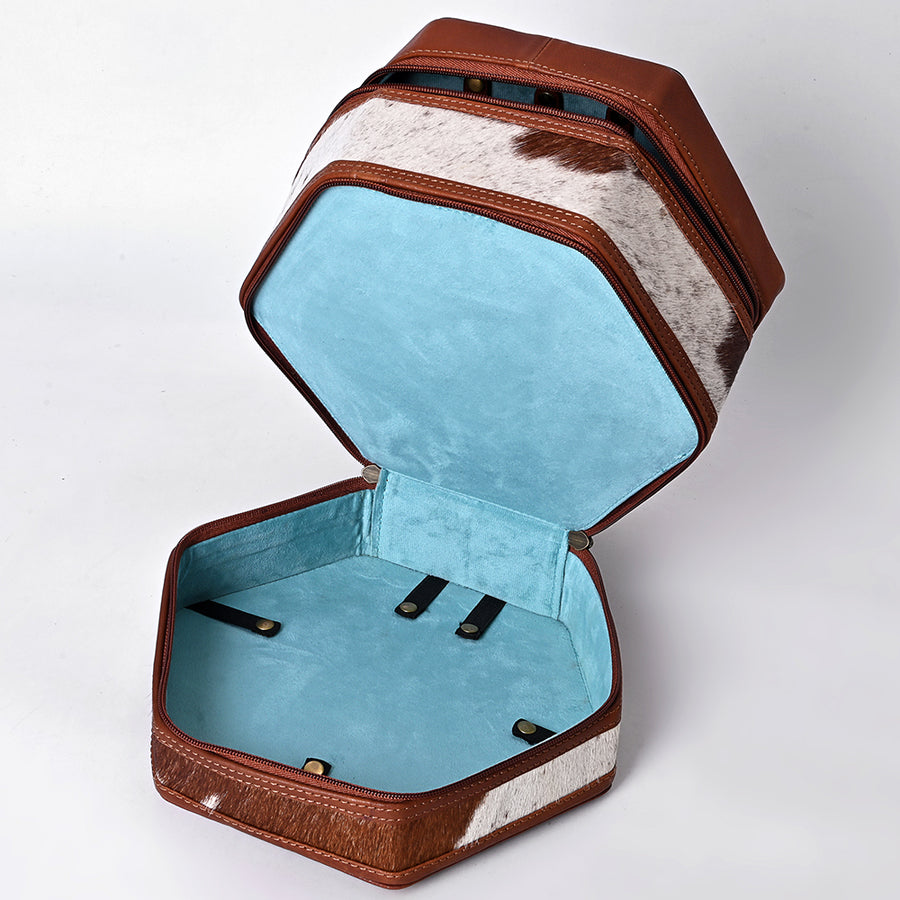 American Darling Women's Hair-On Cowhide Hand Tooled Floral Carved Genuine Leather Jewelry Case Eco-Friendly Western Box
