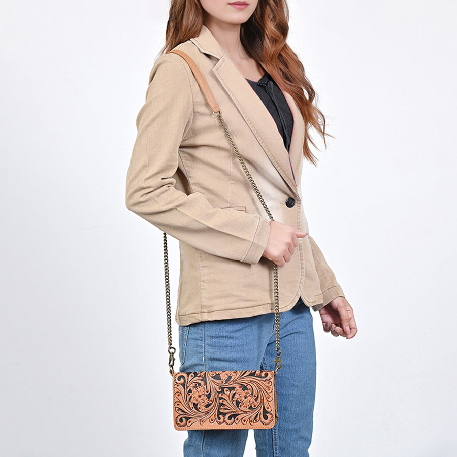 American Darling Genuine Leather Organiser Bag Hand Tooled Floral Carved Eco-Friendly Vegetable Tanned Full Grain Leather
