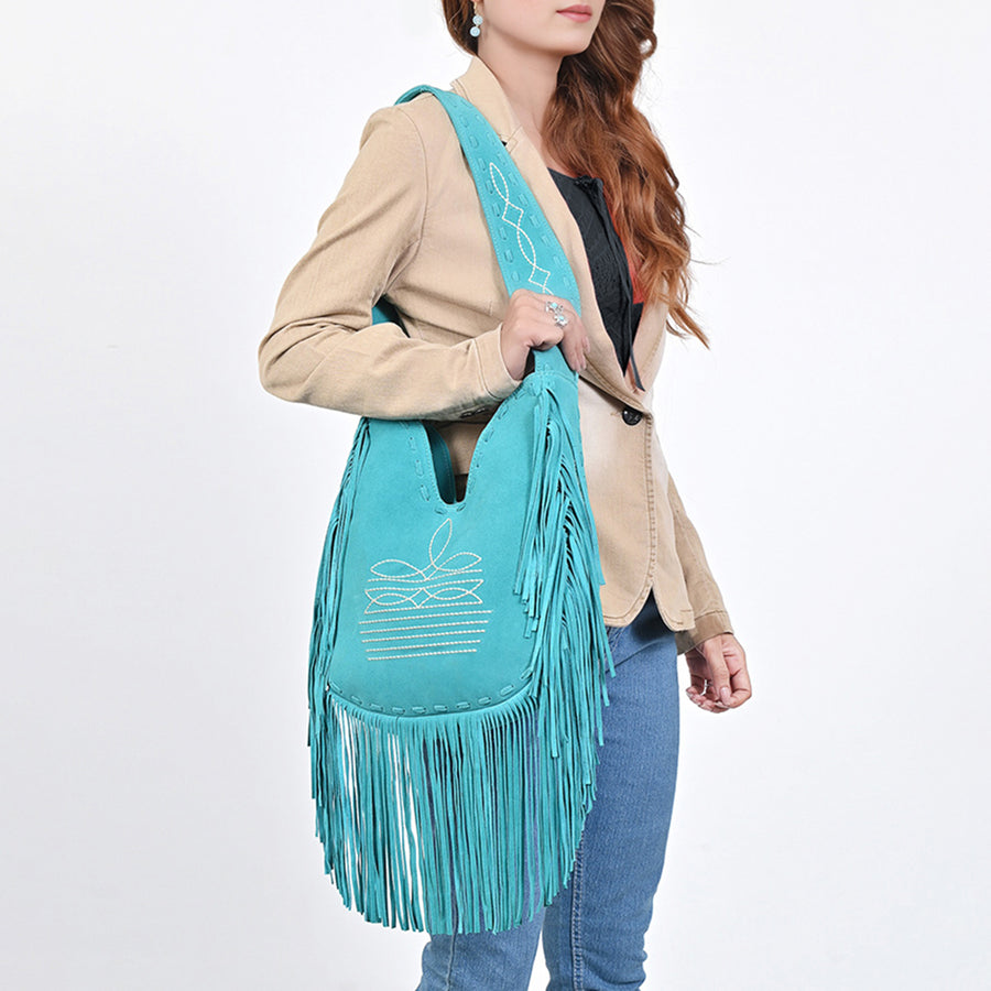 American Darling Women's Fringe Boot Stitched Genuine Leather Large Cross body Bag Eco-Friendly Full Grain Western Purse