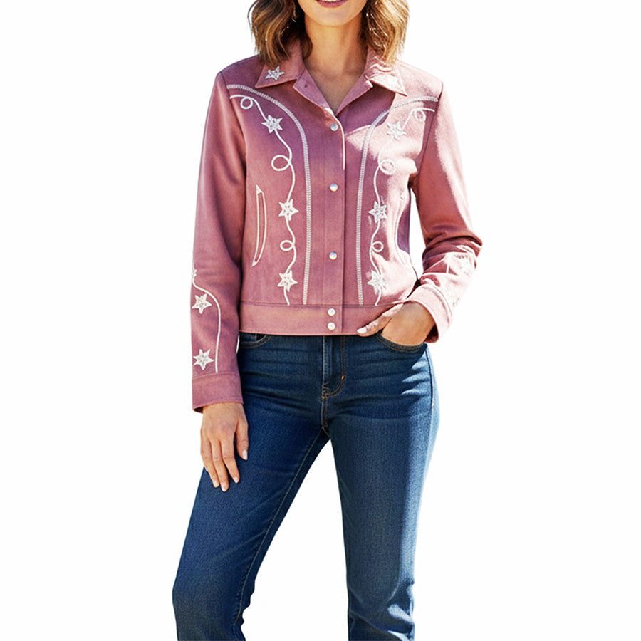 American Darling Women's Western Fabric Shirt Jacket Dress - Embroidered Star Detail, Button-Front Casual Jacket - Uhorse