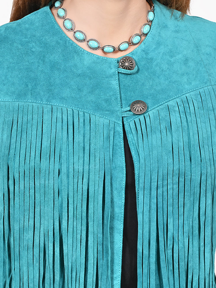 American Darling Women's Premium Turquoise Genuine Suede Leather Fringe Vest | Western Boho Statement Jacket