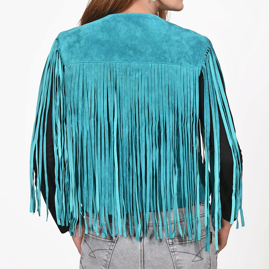 American Darling Women's Premium Turquoise Genuine Suede Leather Fringe Vest | Western Boho Statement Jacket