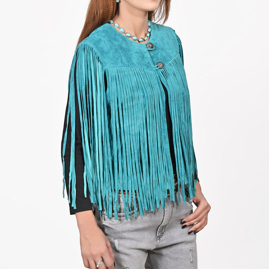 American Darling Women's Premium Turquoise Genuine Suede Leather Fringe Vest | Western Boho Statement Jacket