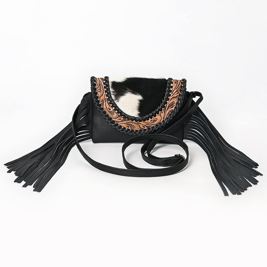 American Darling Small Cross body Bag, Hand Tooled Floral Carved Leather, Hair-On Cowhide with Fringes and YKK Zipper