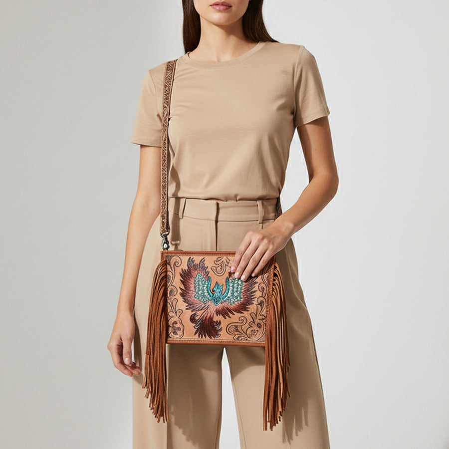 American Darling Cross body Bag for Women, Hand Tooled Floral Carved Vegetable-Tanned Full Grain Leather with Fringes