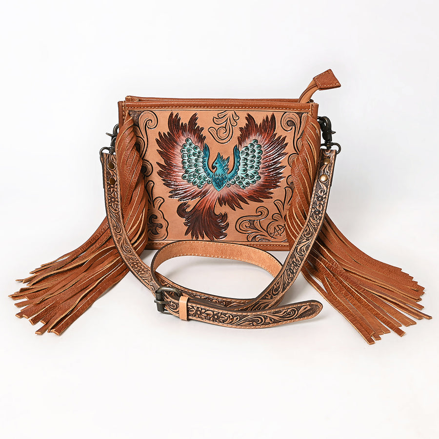 American Darling Cross body Bag for Women, Hand Tooled Floral Carved Vegetable-Tanned Full Grain Leather with Fringes