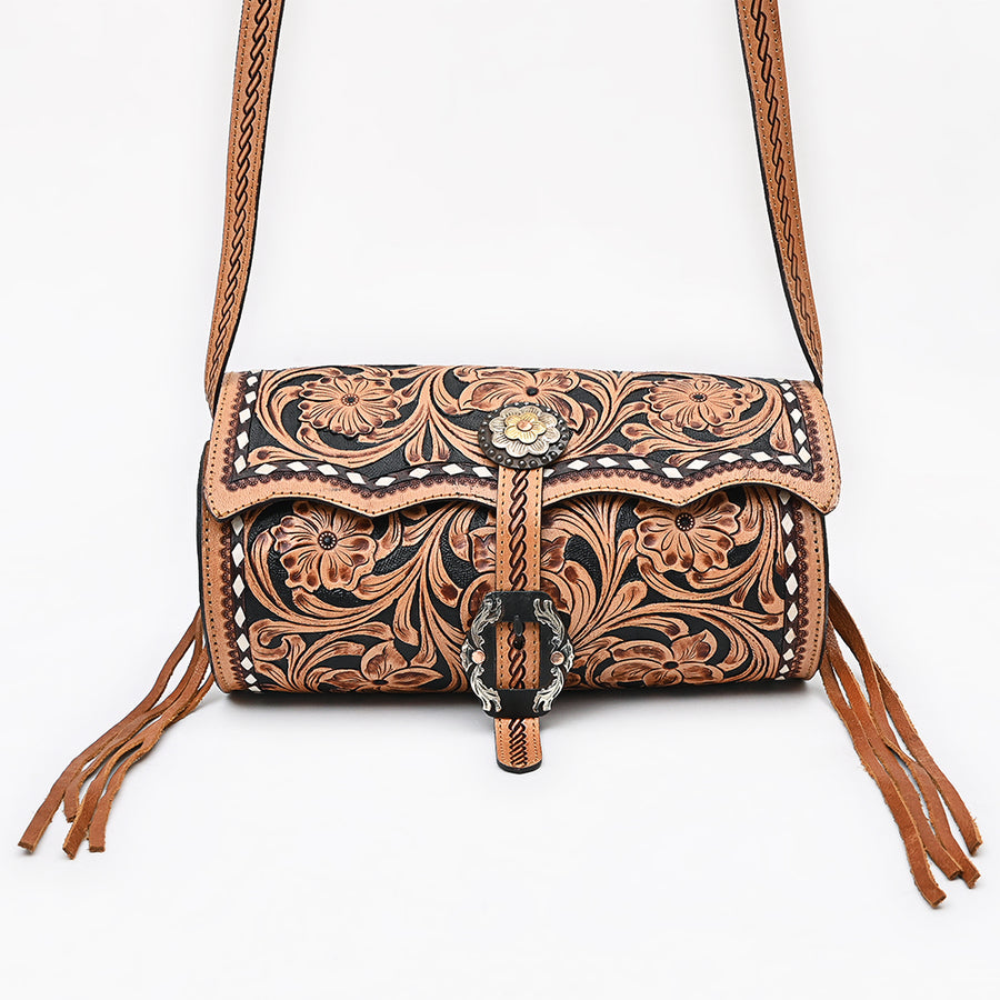 American Darling Western Cross body Bag Hand Tooled Floral Leather Purse with Fringes Buck Stitched Trim and Concho Detail