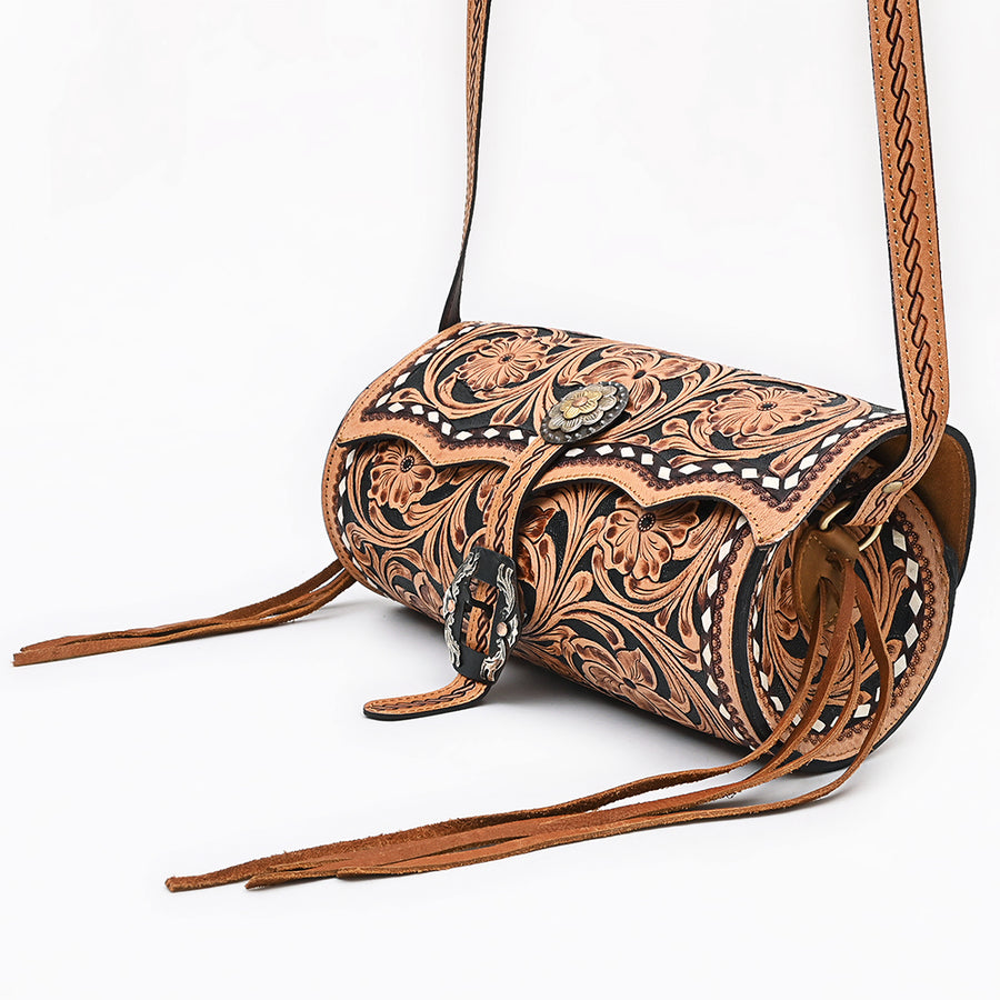 American Darling Western Cross body Bag Hand Tooled Floral Leather Purse with Fringes Buck Stitched Trim and Concho Detail