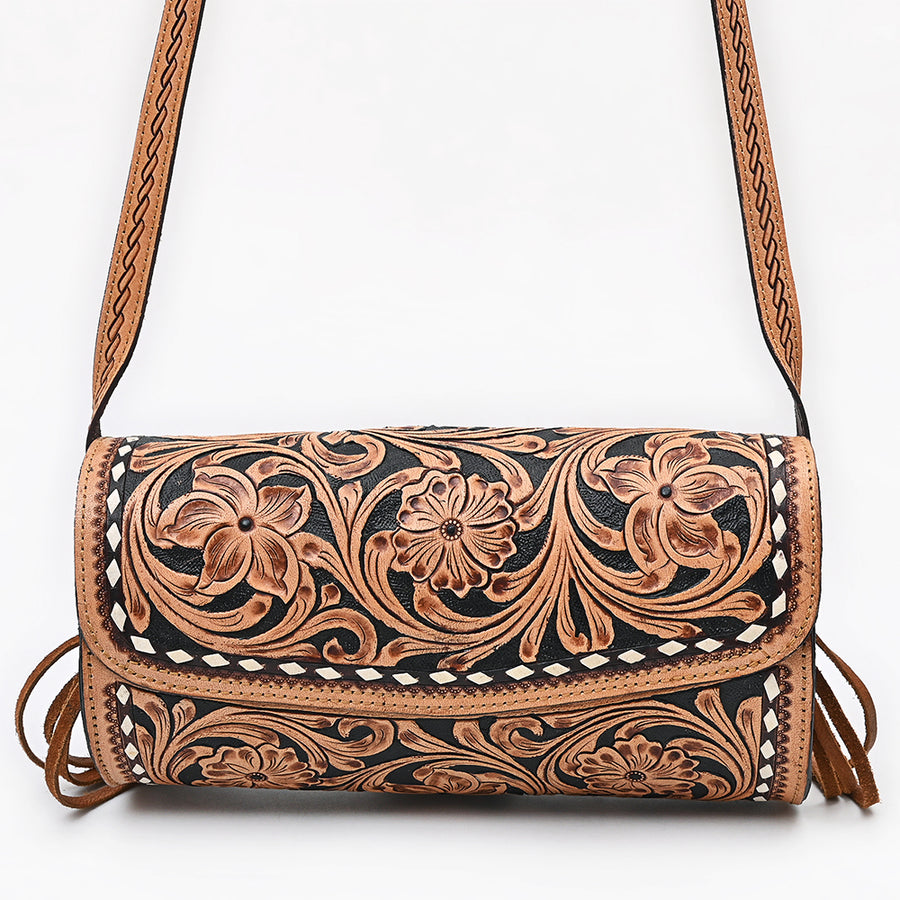 American Darling Western Cross body Bag Hand Tooled Floral Leather Purse with Fringes Buck Stitched Trim and Concho Detail