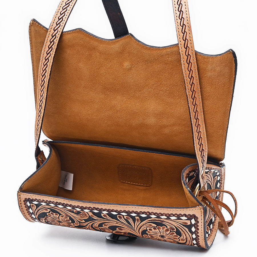 American Darling Western Cross body Bag Hand Tooled Floral Leather Purse with Fringes Buck Stitched Trim and Concho Detail