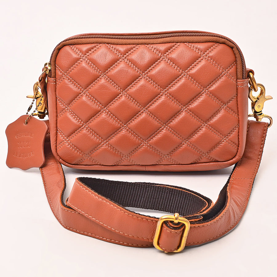 NEVER MIND Luxury Tan Quilted Leather Camera Bag Crossbody Adjustable Strap