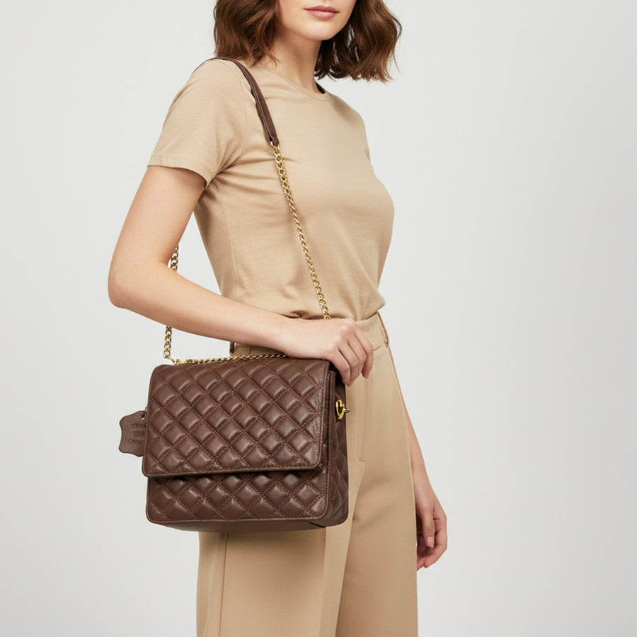 Never Mind Genuine Leather Quilted Crossbody Bag for Women Chain Strap Shoulder Purse Handbag