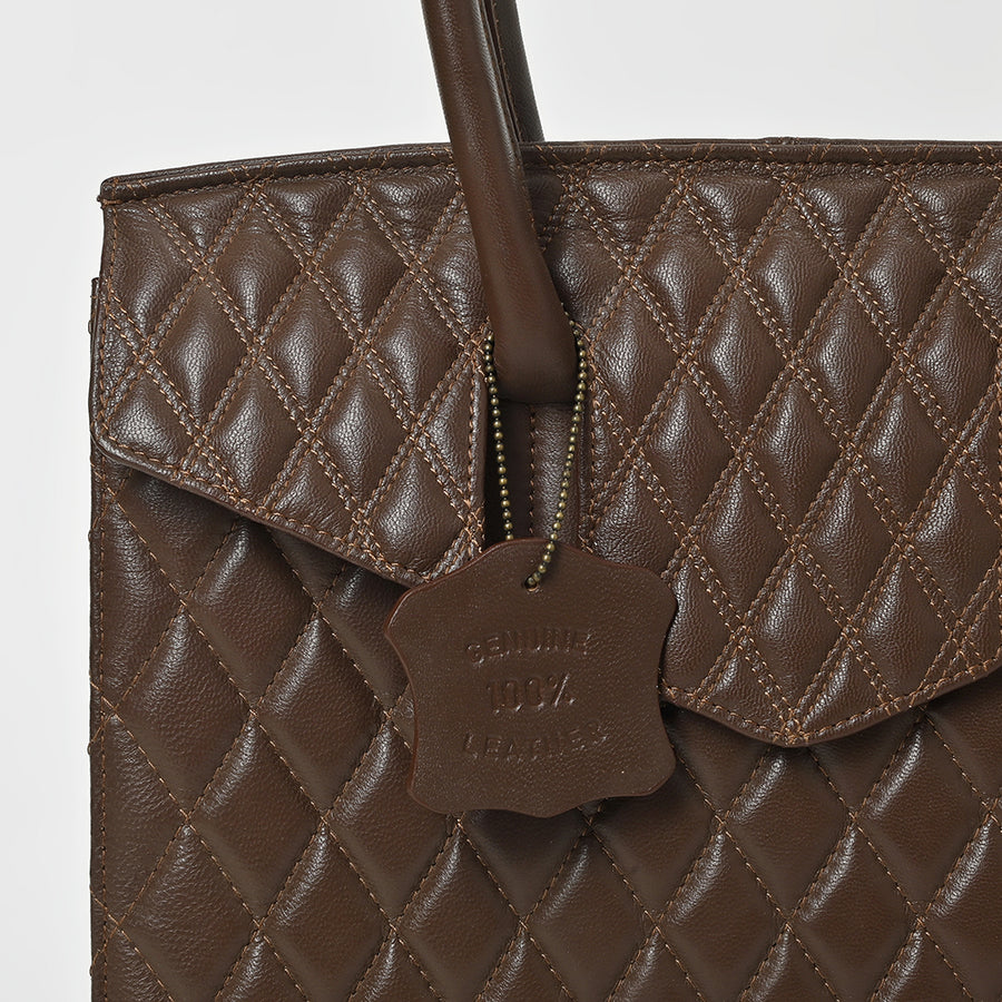 Never Mind Genuine Leather Quilted Tote Bag Women Structured Satchel Handbag Dual Top Handle Spacious Everyday Shoulder Purse