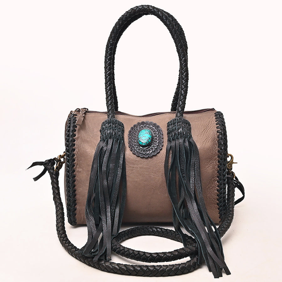American Darling Speedy Bag Western Genuine Leather Handcrafted Purse with Fringes, Braided Handles and Turquoise Stone