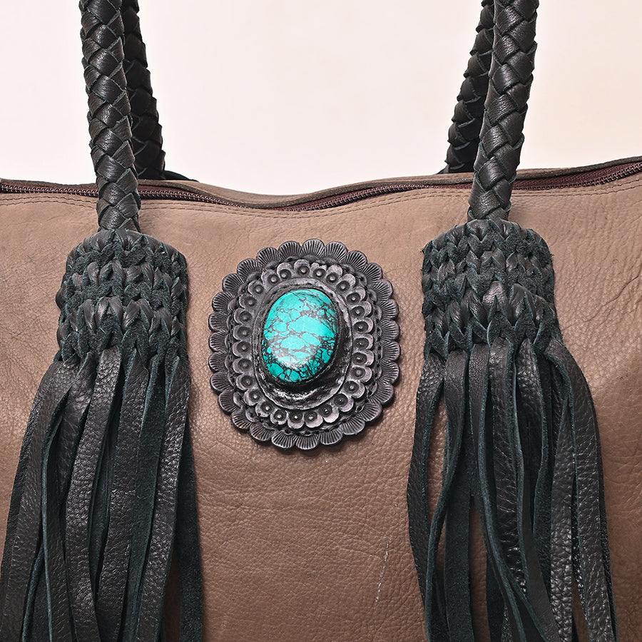 American Darling Speedy Bag Western Genuine Leather Handcrafted Purse with Fringes, Braided Handles and Turquoise Stone