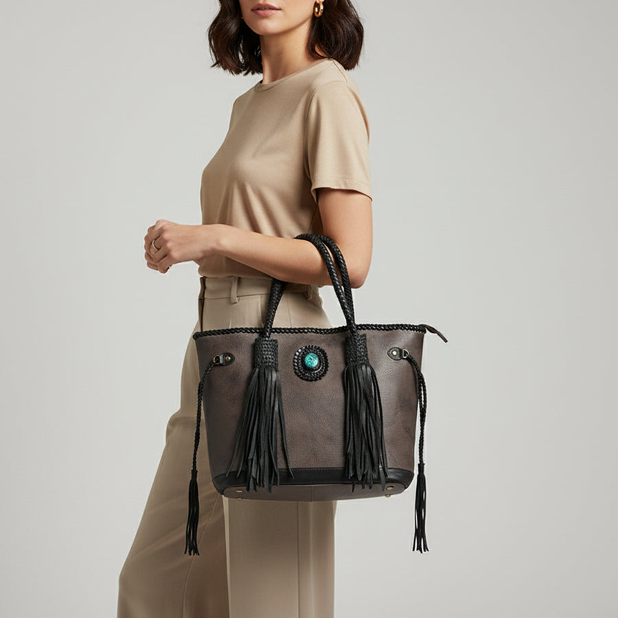 American Darling Tote Bag Western Genuine Leather Handcrafted Large Purse with Turquoise Stone, Fringes and YKK Zipper