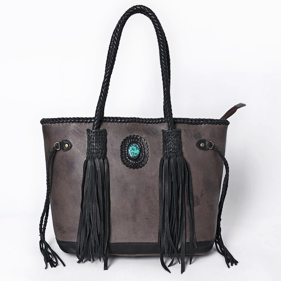 American Darling Tote Bag Western Genuine Leather Handcrafted Large Purse with Turquoise Stone, Fringes and YKK Zipper