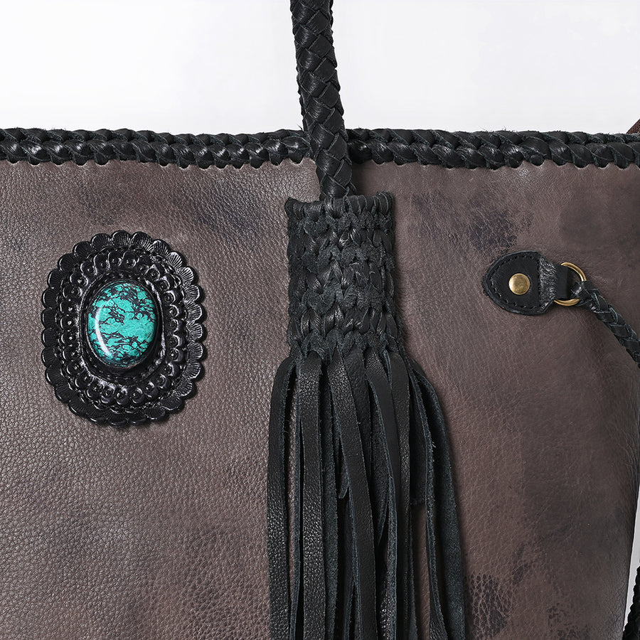 American Darling Tote Bag Western Genuine Leather Handcrafted Large Purse with Turquoise Stone, Fringes and YKK Zipper