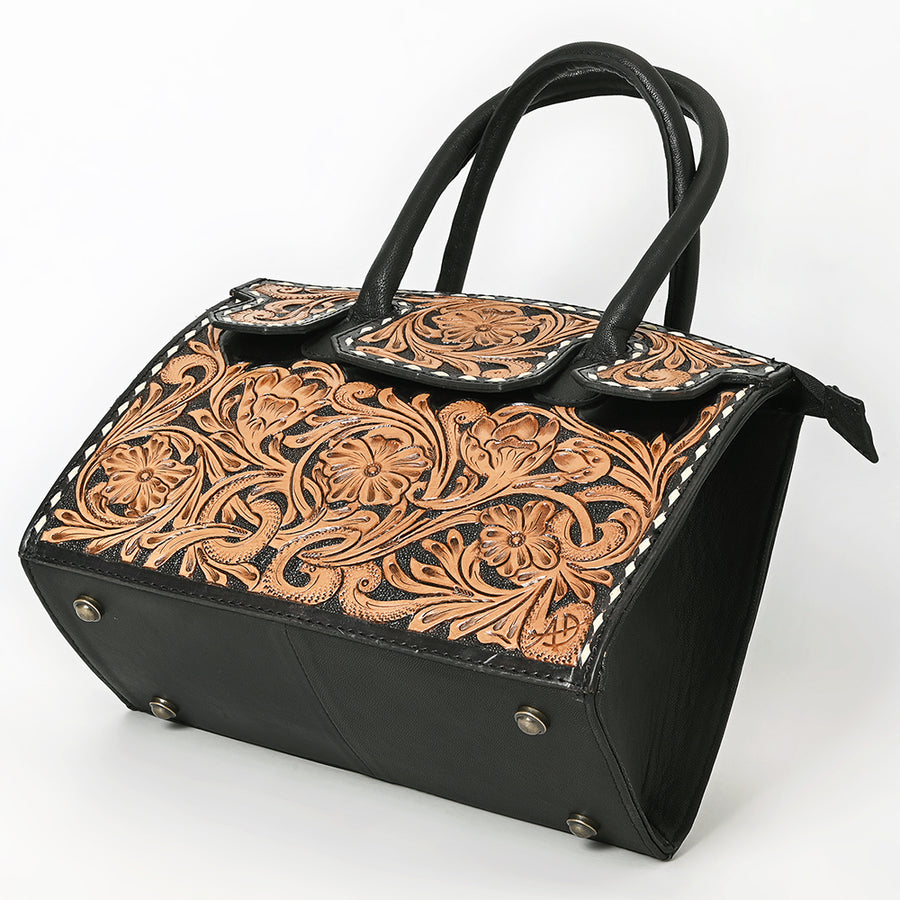 American Darling Tote Bag for Women, Hand Tooled Floral Carved Vegetable-Tanned Full Grain Leather, Buck Stitched Western Purse