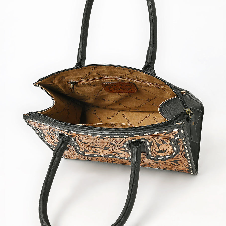 American Darling Tote Bag for Women, Hand Tooled Floral Carved Vegetable-Tanned Full Grain Leather, Buck Stitched Western Purse