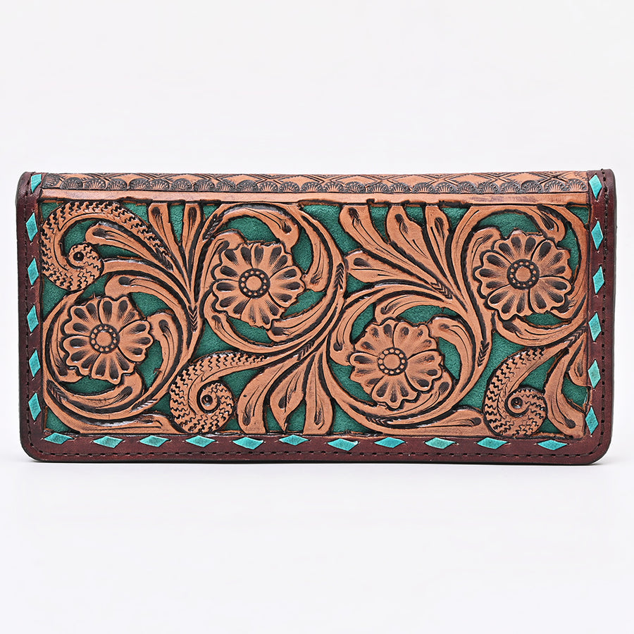 American Darling Wallet Bag for Women, Hand Tooled Floral Carved Vegetable-Tanned Full Grain Leather, Buck Stitched Western Clutch