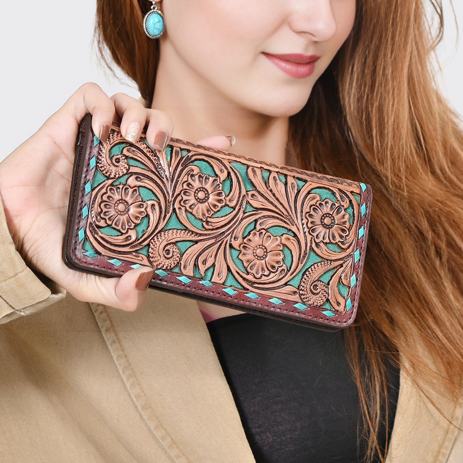 American Darling Wallet Bag for Women, Hand Tooled Floral Carved Vegetable-Tanned Full Grain Leather, Buck Stitched Western Clutch