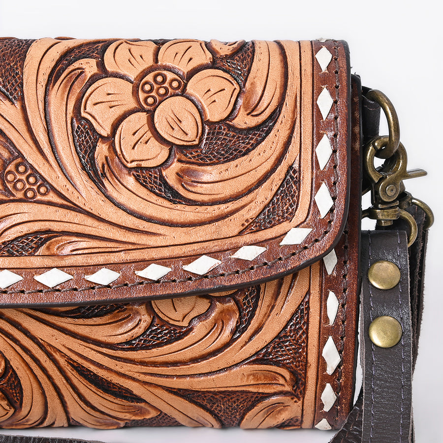 American Darling Genuine Leather Small Cross body Bag Hand Tooled Floral Carved Buck Stitched Eco-Friendly Full Grain Leather