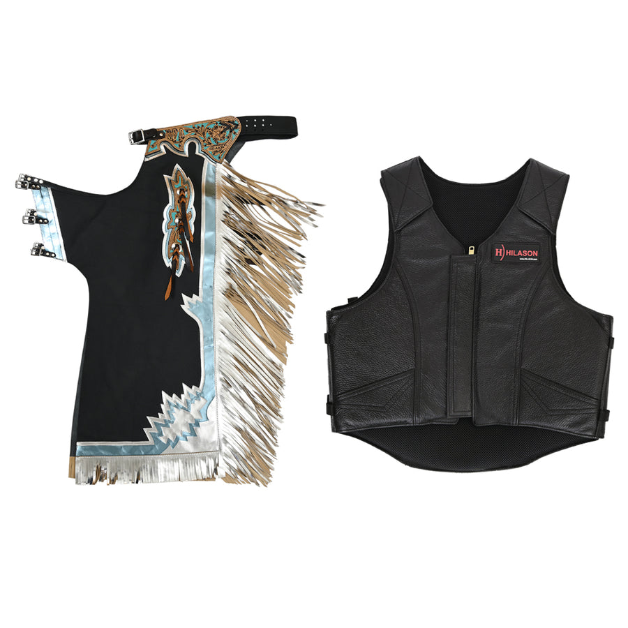 HILASON Western Horse Bull Riding Safety Leather Protective Vest and Rodeo Chaps Combo - Uhorse