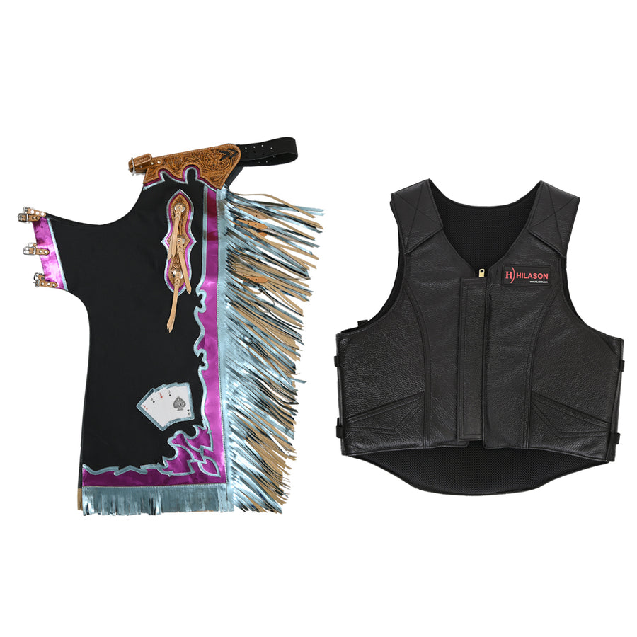 HILASON Western Horse Bull Riding Safety Leather Protective Vest and Rodeo Chaps Combo - Uhorse