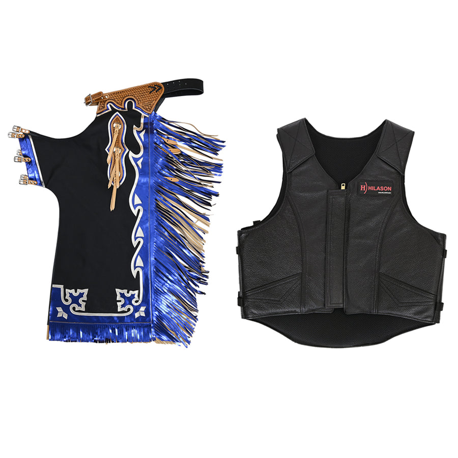 HILASON Western Horse Bull Riding Safety Leather Protective Vest and Rodeo Chaps Combo - Uhorse