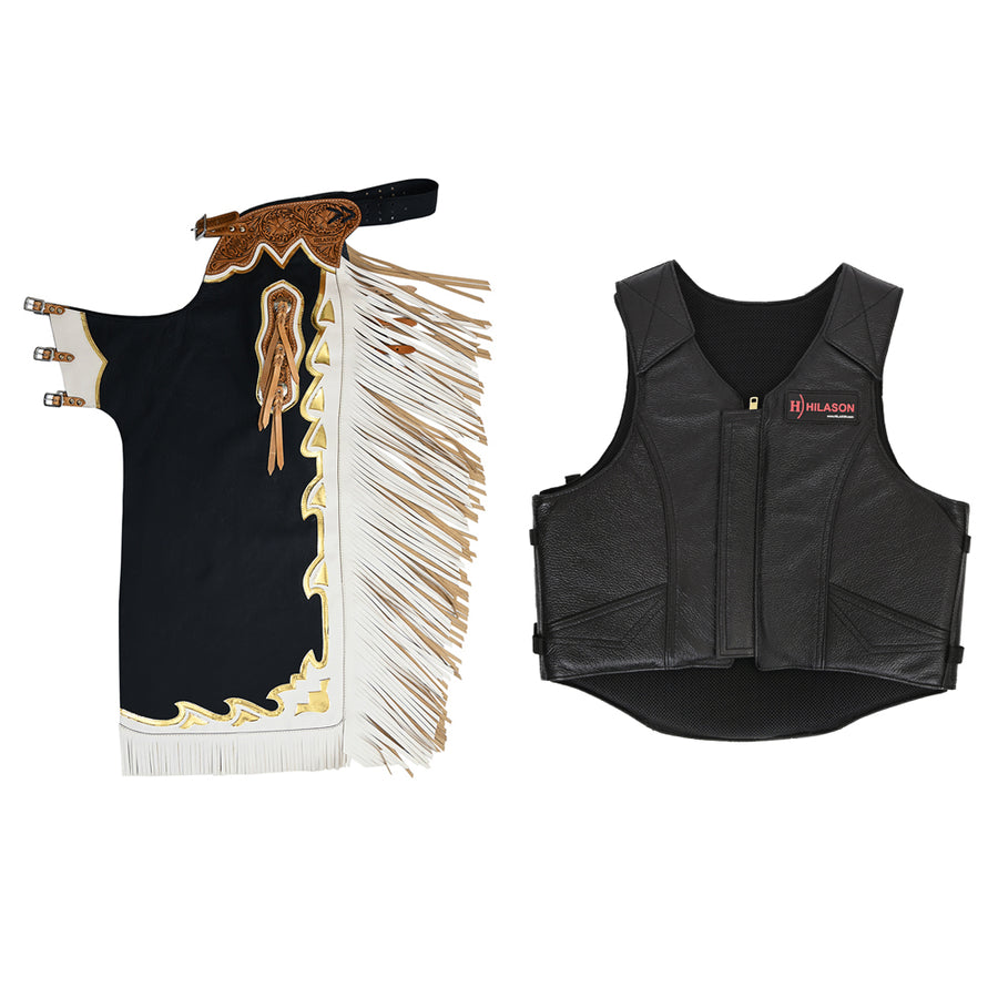 HILASON Western Horse Bull Riding Safety Leather Protective Vest and Rodeo Chaps Combo - Uhorse