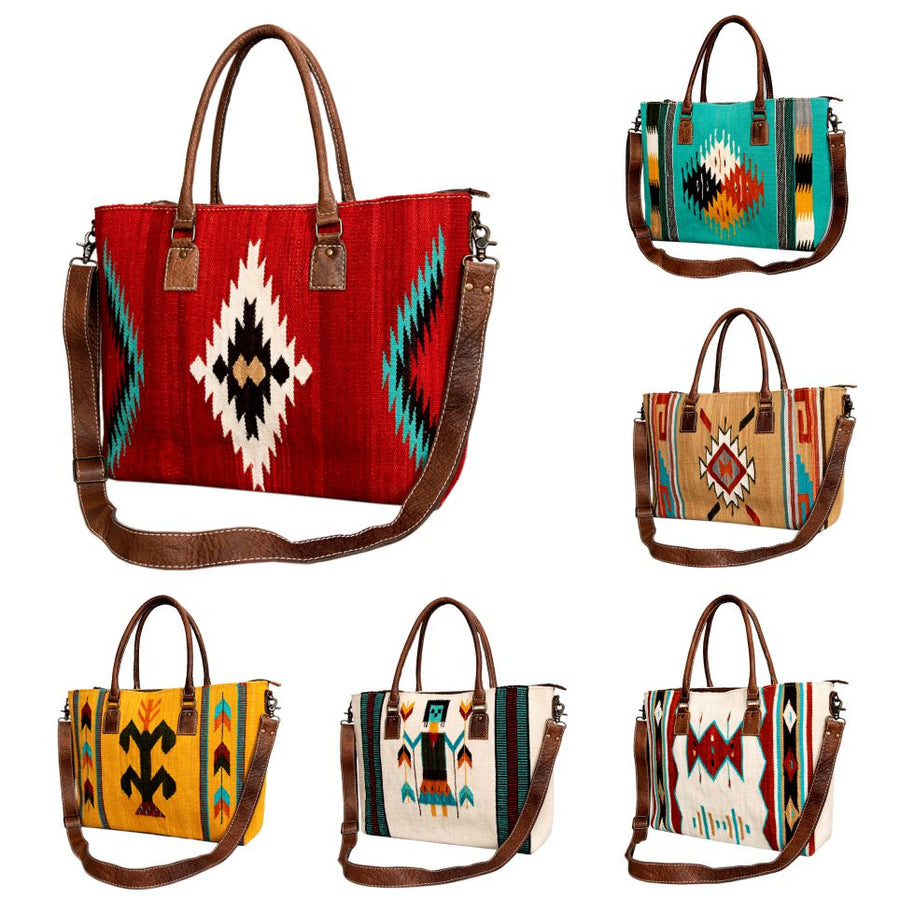 American Darling Handwoven Saddle Blanket Tote Bag – Western Tote with Genuine Leather Handles & Artisan Crafted Large Bag