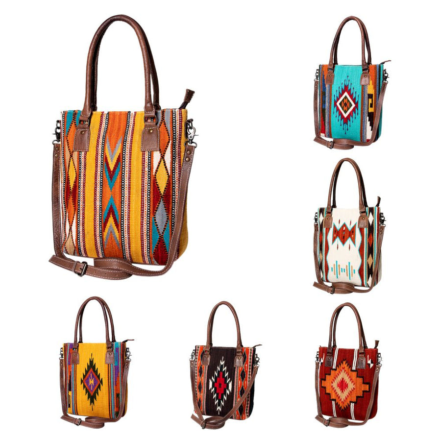 American Darling Saddle Blanket Tote Bag – Handwoven Wool Western Tote with Genuine Leather Handles & Spacious Interior