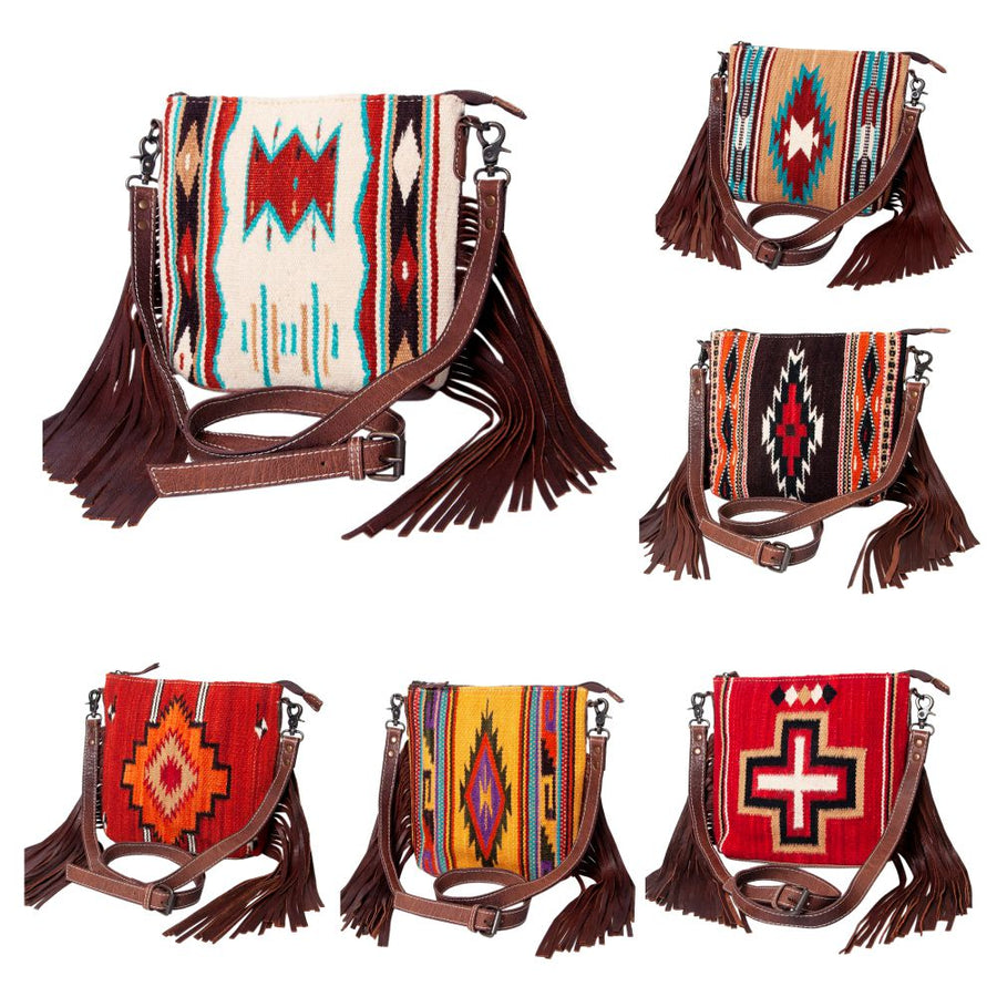 American Darling Western Crossbody Bag – Handwoven Saddle Blanket with Genuine Leather and Fringes, Compact Everyday Purse