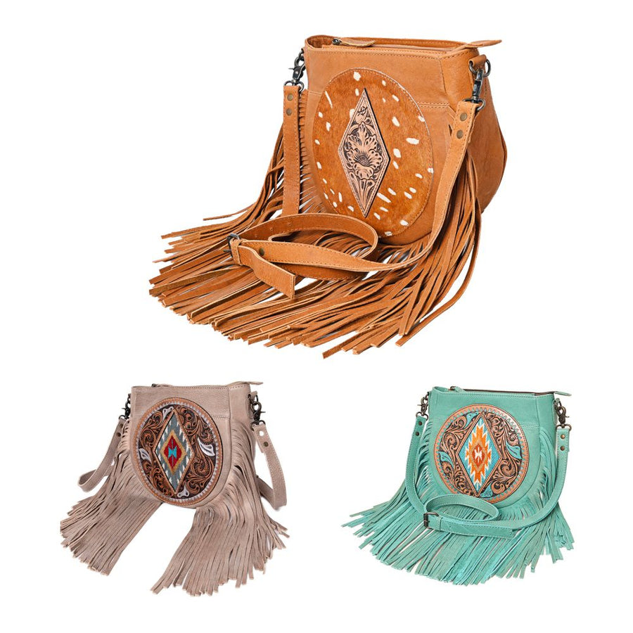 American Darling Hand-Tooled Hair-On Leather Crossbody Bag for Women – Genuine Western Cowhide Purse with Fringe Detailing and Adjustable Strap