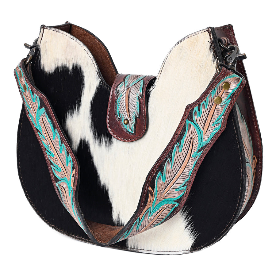 American Darling Hair-on Cowhide Hobo Bag for Women – Genuine Leather Western Shoulder Purse with Hand-Tooled Floral Strap and Artisan Detailing