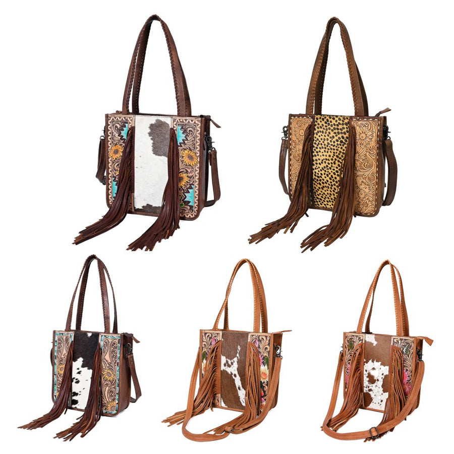 American Darling Western Tote Bag – Genuine Hair-on Cowhide and Leather, Hand-Tooled Floral Design with Long Fringes and Dual Carry Straps