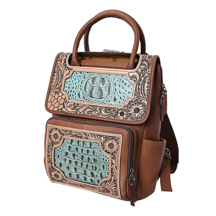 American Darling Western Leather Backpack – Genuine Crocodile Embossed and Hand-Tooled Floral Design, Adjustable Straps, and Spacious Interior