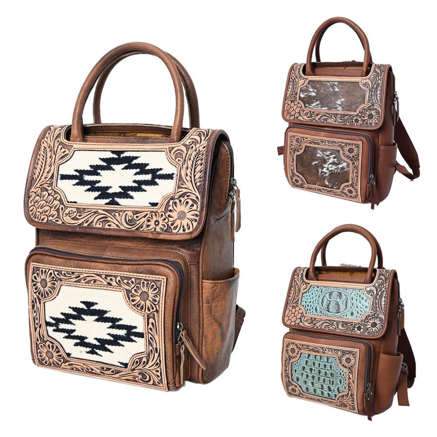 American Darling Western Leather Backpack – Genuine Crocodile Embossed and Hand-Tooled Floral Design, Adjustable Straps, and Spacious Interior