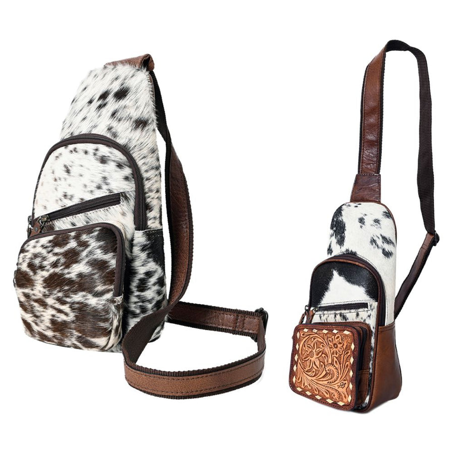 American Darling Western Crossbody Bag – Hair-On Cowhide, Genuine Leather, Hand-Tooled Floral, Adjustable Strap, Everyday Carry