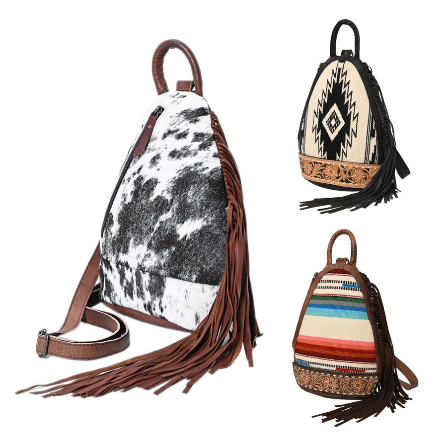American darling Western Leather Sling Bag with Fringes, Hair-On Cowhide & Saddle Blanket – Handcrafted, Stylish & Durable, Perfect for Everyday Use