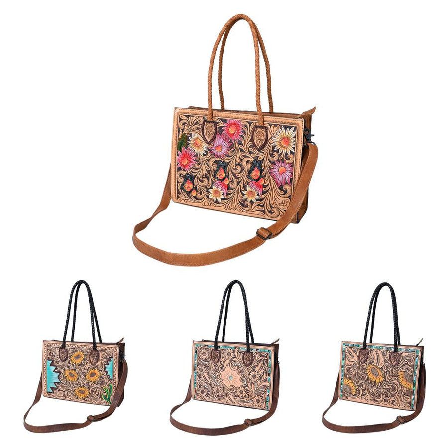 American Darling Western Tote Handcrafted from Genuine Leather | Tooled Sunflower & Turquoise Accents Crossbody Bag for Women