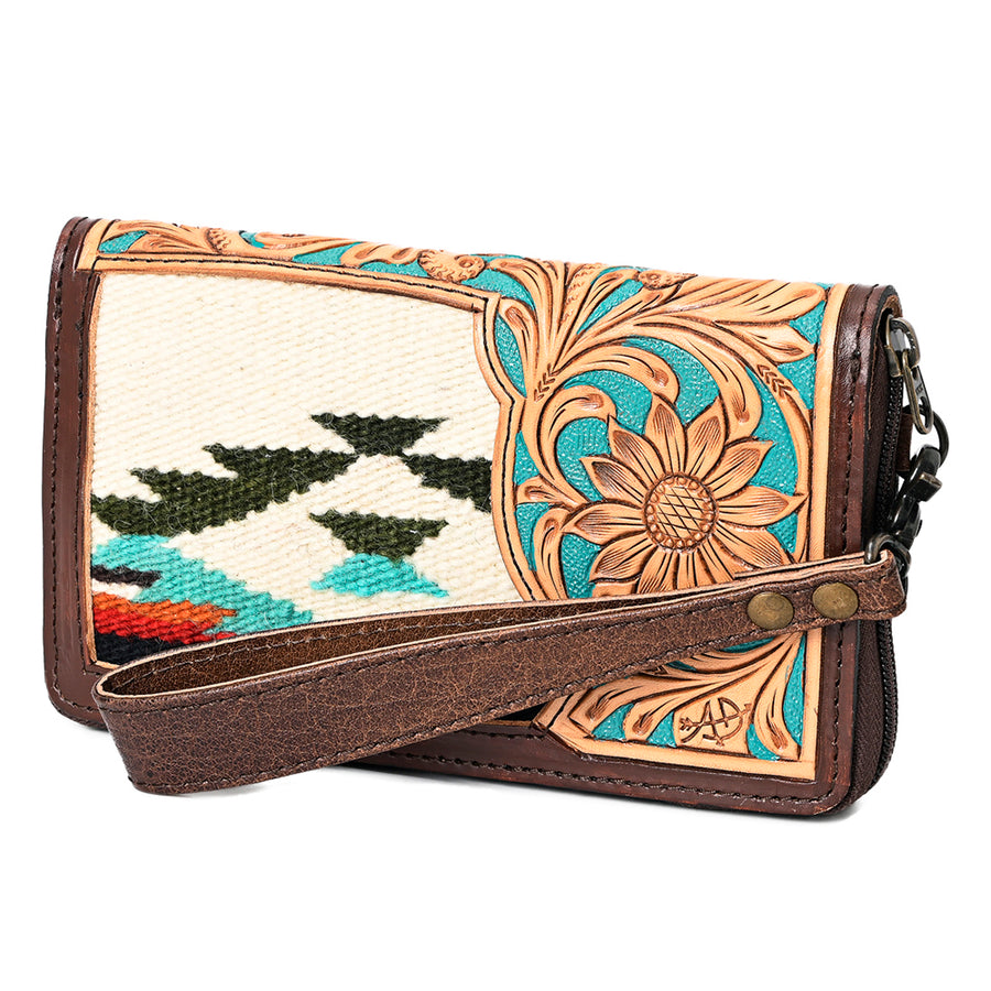 American Darling Western Organizer Bag Hand Woven Saddle Blanket Hand Tooled Leather Small Organizer 4.5in (H) X 8in (W)