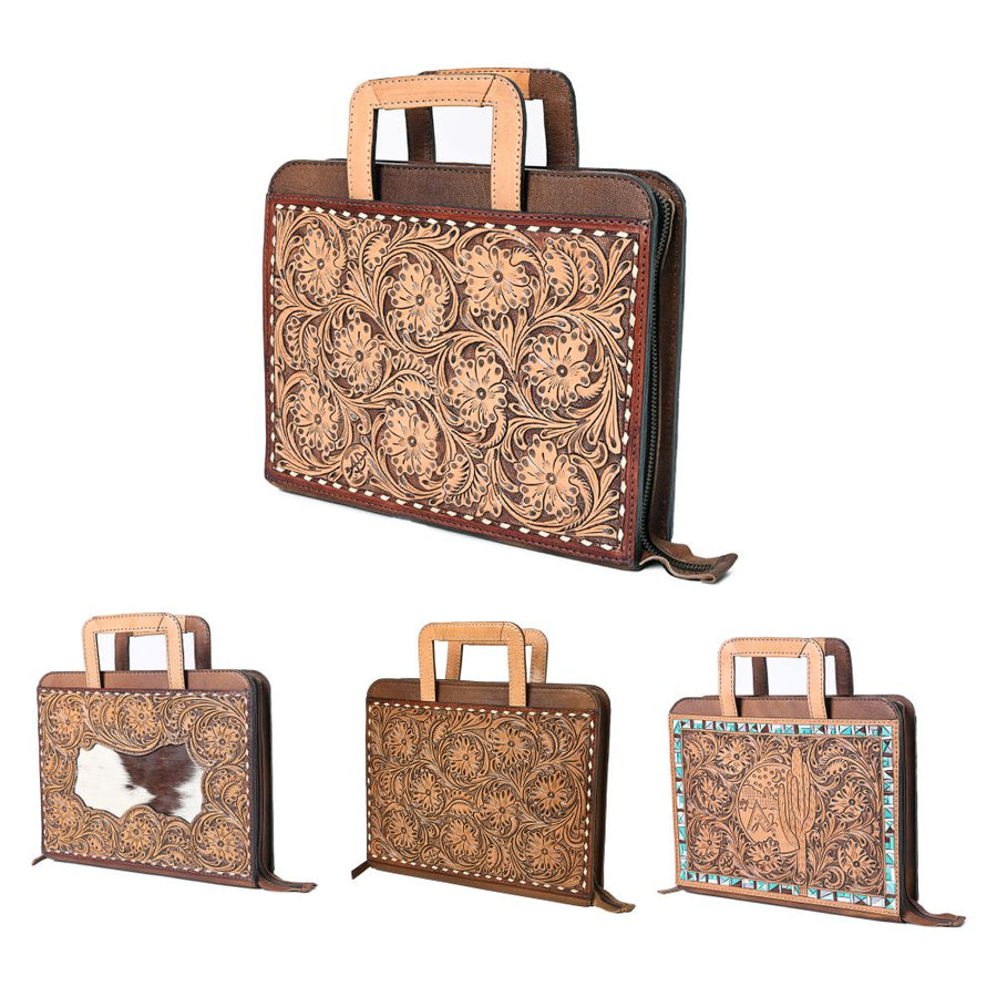 American Darling Western Briefcase Bag Hand Tooled Floral Carved Genuine Leather Office Organizer 10.5in (H) X 13in (W) X 1.5in (D)