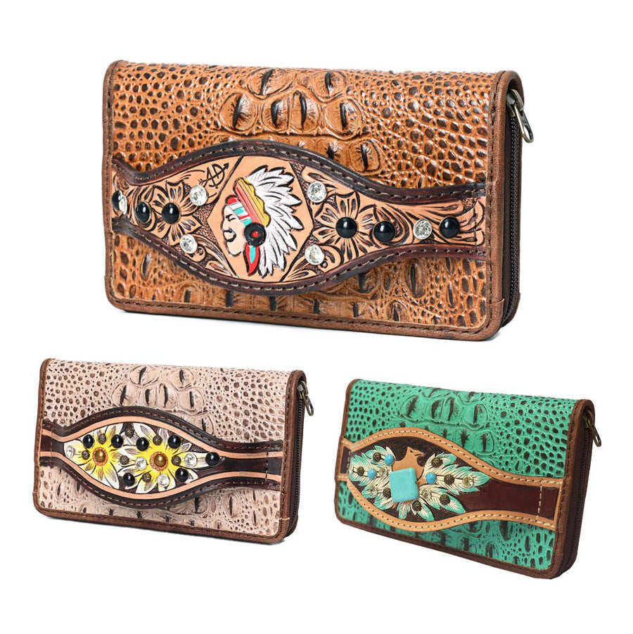 American Darling Western Organizer Bag Crocodile Embossed Hand Tooled Floral Carved Genuine Leather Wallet 4.5in (H) X 8in (W)